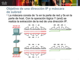 7Información pública de Cisco© 2007 Cisco Systems, Inc. Todos los derechos reservados.
Objetivo de una dirección IP y máscara
de subred
 La máscara consta de 1s en la parte de red y 0s en la
parte de host. Con la operación lógica Y (and) se
realiza la extracción de la red de una dirección IP.
 