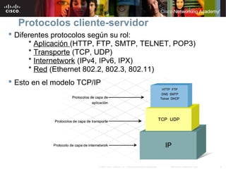 4Información pública de Cisco© 2007 Cisco Systems, Inc. Todos los derechos reservados.
Protocolos cliente-servidor
 Diferentes protocolos según su rol:
* Aplicación (HTTP, FTP, SMTP, TELNET, POP3)
* Transporte (TCP, UDP)
* Internetwork (IPv4, IPv6, IPX)
* Red (Ethernet 802.2, 802.3, 802.11)
 Esto en el modelo TCP/IP
 