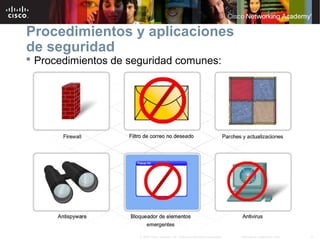 11Información pública de Cisco© 2007 Cisco Systems, Inc. Todos los derechos reservados.
Procedimientos y aplicaciones
de seguridad
 Procedimientos de seguridad comunes:
 