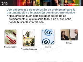 21Información pública de Cisco© 2007 Cisco Systems, Inc. Todos los derechos reservados.
Uso del proceso de resolución de problemas para la
documentación e interacción con el soporte técnico
 Recuerde: un buen administrador de red no es
precisamente el que lo sabe todo, sino el que sabe
donde buscar la información.
 