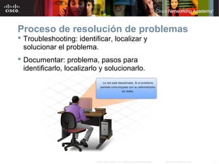 3Información pública de Cisco© 2007 Cisco Systems, Inc. Todos los derechos reservados.
Proceso de resolución de problemas
 Troubleshooting: identificar, localizar y
solucionar el problema.
 Documentar: problema, pasos para
identificarlo, localizarlo y solucionarlo.
 