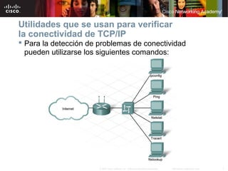 7Información pública de Cisco© 2007 Cisco Systems, Inc. Todos los derechos reservados.
Utilidades que se usan para verificar
la conectividad de TCP/IP
 Para la detección de problemas de conectividad
pueden utilizarse los siguientes comandos:
 