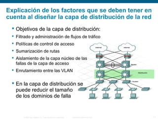 © 2006 Cisco Systems, Inc. Todos los derechos reservados. Información pública de Cisco 11
Explicación de los factores que se deben tener en
cuenta al diseñar la capa de distribución de la red
 Objetivos de la capa de distribución:
 Filtrado y administración de flujos de tráfico
 Políticas de control de acceso
 Sumarización de rutas
 Aislamiento de la capa núcleo de las
fallas de la capa de acceso
 Enrutamiento entre las VLAN
 En la capa de distribución se
puede reducir el tamaño
de los dominios de falla
 