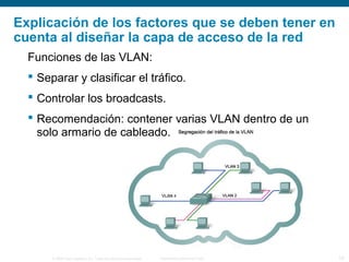 © 2006 Cisco Systems, Inc. Todos los derechos reservados. Información pública de Cisco 19
Explicación de los factores que se deben tener en
cuenta al diseñar la capa de acceso de la red
Funciones de las VLAN:
 Separar y clasificar el tráfico.
 Controlar los broadcasts.
 Recomendación: contener varias VLAN dentro de un
solo armario de cableado.
 