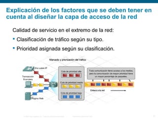 © 2006 Cisco Systems, Inc. Todos los derechos reservados. Información pública de Cisco 21
Explicación de los factores que se deben tener en
cuenta al diseñar la capa de acceso de la red
Calidad de servicio en el extremo de la red:
 Clasificación de tráfico según su tipo.
 Prioridad asignada según su clasificación.
 