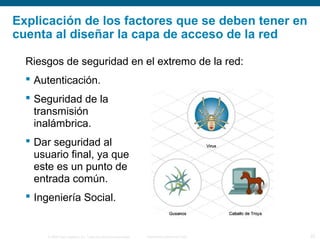 © 2006 Cisco Systems, Inc. Todos los derechos reservados. Información pública de Cisco 22
Explicación de los factores que se deben tener en
cuenta al diseñar la capa de acceso de la red
Riesgos de seguridad en el extremo de la red:
 Autenticación.
 Seguridad de la
transmisión
inalámbrica.
 Dar seguridad al
usuario final, ya que
este es un punto de
entrada común.
 Ingeniería Social.
 