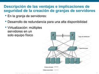 © 2006 Cisco Systems, Inc. Todos los derechos reservados. Información pública de Cisco 28
Descripción de las ventajas e implicaciones de
seguridad de la creación de granjas de servidores
 En la granja de servidores:
 Desarrollo de redundancia para una alta disponibilidad
 Virtualización: múltiples
servidores en un
solo equipo físico
 