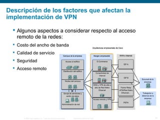 © 2006 Cisco Systems, Inc. Todos los derechos reservados. Información pública de Cisco 31
Descripción de los factores que afectan la
implementación de VPN
 Algunos aspectos a considerar respecto al acceso
remoto de la redes:
 Costo del ancho de banda
 Calidad de servicio
 Seguridad
 Acceso remoto
 