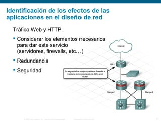 © 2006 Cisco Systems, Inc. Todos los derechos reservados. Información pública de Cisco 11
Identificación de los efectos de las
aplicaciones en el diseño de red
Tráfico Web y HTTP:
 Considerar los elementos necesarios
para dar este servicio
(servidores, firewalls, etc…)
 Redundancia
 Seguridad
 
