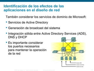© 2006 Cisco Systems, Inc. Todos los derechos reservados. Información pública de Cisco 12
Identificación de los efectos de las
aplicaciones en el diseño de red
También considerar los servicios de dominio de Microsoft:
 Servicios de Active Directory
 Generación de broadcast del sistema
 Integración sólida entre Active Directory Services (ADS),
DNS y DHCP
 Es importante considerar
los puertos necesarios
para mantener la operación
de la red
 