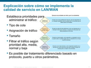 © 2006 Cisco Systems, Inc. Todos los derechos reservados. Información pública de Cisco 15
Explicación sobre cómo se implementa la
calidad de servicio en LAN/WAN
Establezca prioridades para
administrar el tráfico:
 Tipo de cola
 Asignación de tráfico
 Tamaño
 Filtrar el tráfico según
prioridad alta, media,
normal y baja
 Es posible dar tratamiento diferenciado basado en
protocolo, puerto u otros parámetros.
 