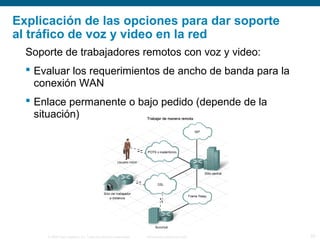 © 2006 Cisco Systems, Inc. Todos los derechos reservados. Información pública de Cisco 20
Explicación de las opciones para dar soporte
al tráfico de voz y video en la red
Soporte de trabajadores remotos con voz y video:
 Evaluar los requerimientos de ancho de banda para la
conexión WAN
 Enlace permanente o bajo pedido (depende de la
situación)
 