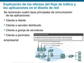 © 2006 Cisco Systems, Inc. Todos los derechos reservados. Información pública de Cisco 4
Explicación de los efectos del flujo de tráfico y
las aplicaciones en el diseño de red
Se reconocen cuatro tipos principales de comunicación
de las aplicaciones:
 Cliente a cliente
 Cliente a servidor distribuido
 Cliente a granja de servidores
 Cliente a perímetro
empresarial
 