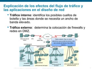 © 2006 Cisco Systems, Inc. Todos los derechos reservados. Información pública de Cisco 6
Explicación de los efectos del flujo de tráfico y
las aplicaciones en el diseño de red
 Tráfico interno: identifica los posibles cuellos de
botella y las áreas donde se necesita un ancho de
banda elevado.
 Tráfico externo: determina la colocación de firewalls y
redes en DMZ.
 