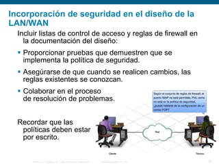 © 2006 Cisco Systems, Inc. Todos los derechos reservados. Información pública de Cisco 25
Incorporación de seguridad en el diseño de la
LAN/WAN
Incluir listas de control de acceso y reglas de firewall en
la documentación del diseño:
 Proporcionar pruebas que demuestren que se
implementa la política de seguridad.
 Asegúrarse de que cuando se realicen cambios, las
reglas existentes se conozcan.
 Colaborar en el proceso
de resolución de problemas.
Recordar que las
políticas deben estar
por escrito.
 