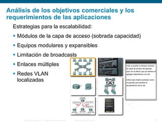 © 2006 Cisco Systems, Inc. Todos los derechos reservados. Información pública de Cisco 4
Análisis de los objetivos comerciales y los
requerimientos de las aplicaciones
Estrategias para la escalabilidad:
 Módulos de la capa de acceso (sobrada capacidad)
 Equipos modulares y expansibles
 Limitación de broadcasts
 Enlaces múltiples
 Redes VLAN
localizadas
 