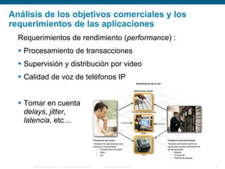 © 2006 Cisco Systems, Inc. Todos los derechos reservados. Información pública de Cisco 6
Análisis de los objetivos comerciales y los
requerimientos de las aplicaciones
Requerimientos de rendimiento (performance) :
 Procesamiento de transacciones
 Supervisión y distribución por video
 Calidad de voz de teléfonos IP
 Tomar en cuenta
delays, jitter,
latencia, etc…
 