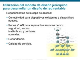 © 2006 Cisco Systems, Inc. Todos los derechos reservados. Información pública de Cisco 9
Utilización del modelo de diseño jerárquico
para desarrollar un diseño de red rentable
Requerimientos de la capa de acceso:
 Conectividad para dispositivos existentes y dispositivos
nuevos.
 Redes VLAN para separar los servicios de voz,
seguridad, acceso
inalámbrico y de datos
normales.
 Redundancia.
 Calidad de servicio.
 