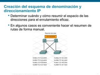 © 2006 Cisco Systems, Inc. Todos los derechos reservados. Información pública de Cisco 11
Creación del esquema de denominación y
direccionamiento IP
 Determinar cuándo y cómo resumir el espacio de las
direcciones para el enrutamiento eficaz.
 En algunos casos es conveniente hacer el resumen de
rutas de forma manual.
 