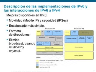 © 2006 Cisco Systems, Inc. Todos los derechos reservados. Información pública de Cisco 14
Descripción de las implementaciones de IPv6 y
las interacciones de IPv6 a IPv4
Mejoras disponibles en IPv6:
 Movilidad (Mobile IP) y seguridad (IPSec)
 Encabezado más simple.
 Formato
de direcciones.
 Elimina
broadcast, usando
multicast y
anycast.
 