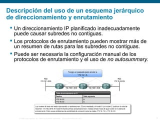 © 2006 Cisco Systems, Inc. Todos los derechos reservados. Información pública de Cisco 4
Descripción del uso de un esquema jerárquico
de direccionamiento y enrutamiento
 Un direccionamiento IP planificado inadecuadamente
puede causar subredes no contiguas.
 Los protocolos de enrutamiento pueden mostrar más de
un resumen de rutas para las subredes no contiguas.
 Puede ser necesaria la configuración manual de los
protocolos de enrutamiento y el uso de no autosummary.
 