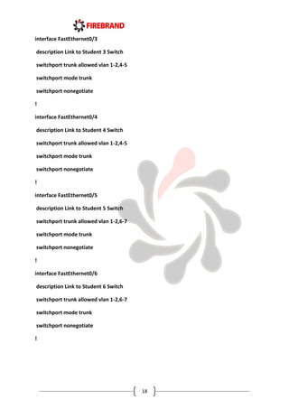 18
interface FastEthernet0/3
description Link to Student 3 Switch
switchport trunk allowed vlan 1-2,4-5
switchport mode trunk
switchport nonegotiate
!
interface FastEthernet0/4
description Link to Student 4 Switch
switchport trunk allowed vlan 1-2,4-5
switchport mode trunk
switchport nonegotiate
!
interface FastEthernet0/5
description Link to Student 5 Switch
switchport trunk allowed vlan 1-2,6-7
switchport mode trunk
switchport nonegotiate
!
interface FastEthernet0/6
description Link to Student 6 Switch
switchport trunk allowed vlan 1-2,6-7
switchport mode trunk
switchport nonegotiate
!
 