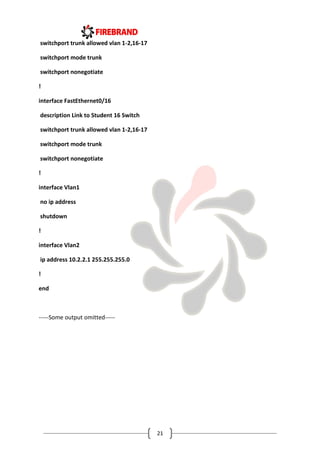 21
switchport trunk allowed vlan 1-2,16-17
switchport mode trunk
switchport nonegotiate
!
interface FastEthernet0/16
description Link to Student 16 Switch
switchport trunk allowed vlan 1-2,16-17
switchport mode trunk
switchport nonegotiate
!
interface Vlan1
no ip address
shutdown
!
interface Vlan2
ip address 10.2.2.1 255.255.255.0
!
end
-----Some output omitted-----
 