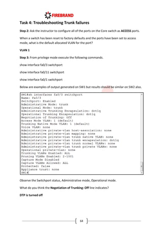 64
Task 4: Troubleshooting Trunk failures
Step 2: Ask the instructor to configure all of the ports on the Core switch as ACCESS ports.
When a switch has been reset to factory defaults and the ports have been set to access
mode, what is the default allocated VLAN for the port?
VLAN 1
Step 3: From privilege mode execute the following commands.
show interface fa0/3 switchport
show interface fa0/11 switchport
show interface fa0/1 switchport
Below are examples of output generated on SW1 but results should be similar on SW2 also.
Observe the Switchport status, Administrative mode, Operational mode.
What do you think the Negotiation of Trunking: Off line indicates?
DTP is turned off
 
