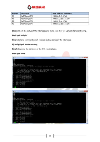 79
Router Interface IPv6 address and mask
R1 fa0/0 or gi0/0 2001:A:B:C::1/64
R1 fa0/1 or gi0/1 2001:172:16:1::17/64
R2 fa0/0 or gi0/0 2001:C:B:A::1/64
R2 fa0/1 or gi0/1 2001:172:16:1::18/64
Step 3: Check the status of the interfaces and make sure they are up/up before continuing.
R#sh ipv6 int brief
Step 4: Enter a command which enables routing between the interfaces.
R(config)#ipv6 unicast-routing
Step 5: Examine the contents of the IPv6 routing table.
R#sh ipv6 route
 