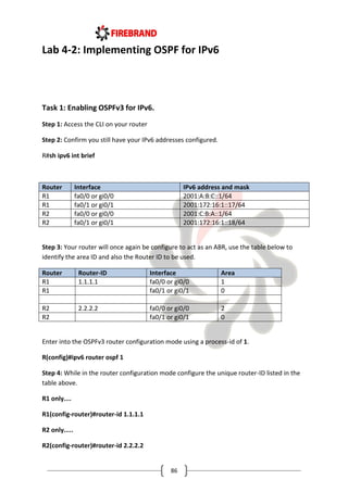 86
Lab 4-2: Implementing OSPF for IPv6
Task 1: Enabling OSPFv3 for IPv6.
Step 1: Access the CLI on your router
Step 2: Confirm you still have your IPv6 addresses configured.
R#sh ipv6 int brief
Router Interface IPv6 address and mask
R1 fa0/0 or gi0/0 2001:A:B:C::1/64
R1 fa0/1 or gi0/1 2001:172:16:1::17/64
R2 fa0/0 or gi0/0 2001:C:B:A::1/64
R2 fa0/1 or gi0/1 2001:172:16:1::18/64
Step 3: Your router will once again be configure to act as an ABR, use the table below to
identify the area ID and also the Router ID to be used.
Router Router-ID Interface Area
R1 1.1.1.1 fa0/0 or gi0/0 1
R1 fa0/1 or gi0/1 0
R2 2.2.2.2 fa0/0 or gi0/0 2
R2 fa0/1 or gi0/1 0
Enter into the OSPFv3 router configuration mode using a process-id of 1.
R(config)#ipv6 router ospf 1
Step 4: While in the router configuration mode configure the unique router-ID listed in the
table above.
R1 only....
R1(config-router)#router-id 1.1.1.1
R2 only.....
R2(config-router)#router-id 2.2.2.2
 