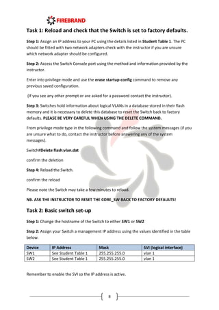 8
Task 1: Reload and check that the Switch is set to factory defaults.
Step 1: Assign an IP address to your PC using the details listed in Student Table 1. The PC
should be fitted with two network adapters check with the instructor if you are unsure
which network adapter should be configured.
Step 2: Access the Switch Console port using the method and information provided by the
instructor.
Enter into privilege mode and use the erase startup-config command to remove any
previous saved configuration.
(If you see any other prompt or are asked for a password contact the instructor).
Step 3: Switches hold information about logical VLANs in a database stored in their flash
memory and it is necessary to delete this database to reset the Switch back to factory
defaults. PLEASE BE VERY CAREFUL WHEN USING THE DELETE COMMAND.
From privilege mode type in the following command and follow the system messages (if you
are unsure what to do, contact the instructor before answering any of the system
messages).
Switch#Delete flash:vlan.dat
confirm the deletion
Step 4: Reload the Switch.
confirm the reload
Please note the Switch may take a few minutes to reload.
NB. ASK THE INSTRUCTOR TO RESET THE CORE_SW BACK TO FACTORY DEFAULTS!
Task 2: Basic switch set-up
Step 1: Change the hostname of the Switch to either SW1 or SW2
Step 2: Assign your Switch a management IP address using the values identified in the table
below.
Device IP Address Mask SVI (logical interface)
SW1 See Student Table 1 255.255.255.0 vlan 1
SW2 See Student Table 1 255.255.255.0 vlan 1
Remember to enable the SVI so the IP address is active.
 