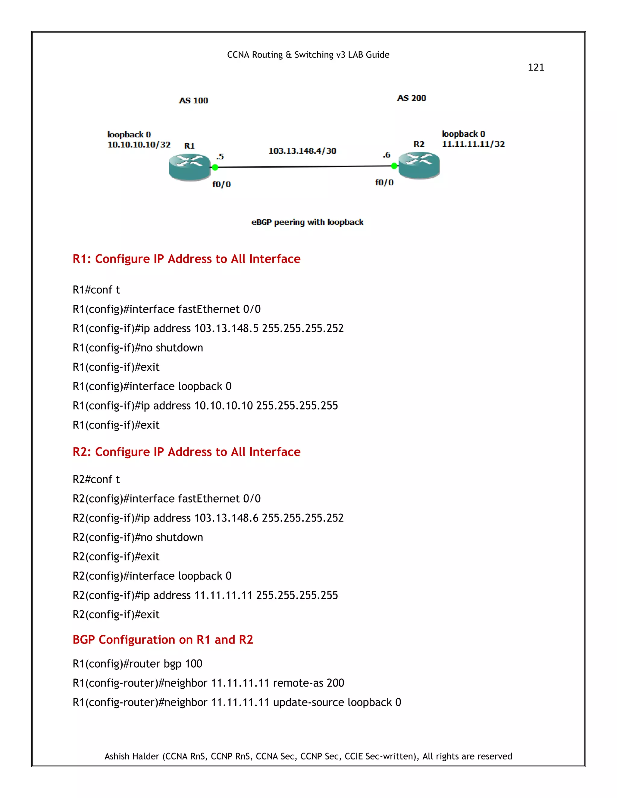 CCNA Routing & Switching v3 LAB Guide
121
Ashish Halder (CCNA RnS, CCNP RnS, CCNA Sec, CCNP Sec, CCIE Sec-written), All rights are reserved
R1: Configure IP Address to All Interface
R1#conf t
R1(config)#interface fastEthernet 0/0
R1(config-if)#ip address 103.13.148.5 255.255.255.252
R1(config-if)#no shutdown
R1(config-if)#exit
R1(config)#interface loopback 0
R1(config-if)#ip address 10.10.10.10 255.255.255.255
R1(config-if)#exit
R2: Configure IP Address to All Interface
R2#conf t
R2(config)#interface fastEthernet 0/0
R2(config-if)#ip address 103.13.148.6 255.255.255.252
R2(config-if)#no shutdown
R2(config-if)#exit
R2(config)#interface loopback 0
R2(config-if)#ip address 11.11.11.11 255.255.255.255
R2(config-if)#exit
BGP Configuration on R1 and R2
R1(config)#router bgp 100
R1(config-router)#neighbor 11.11.11.11 remote-as 200
R1(config-router)#neighbor 11.11.11.11 update-source loopback 0
 