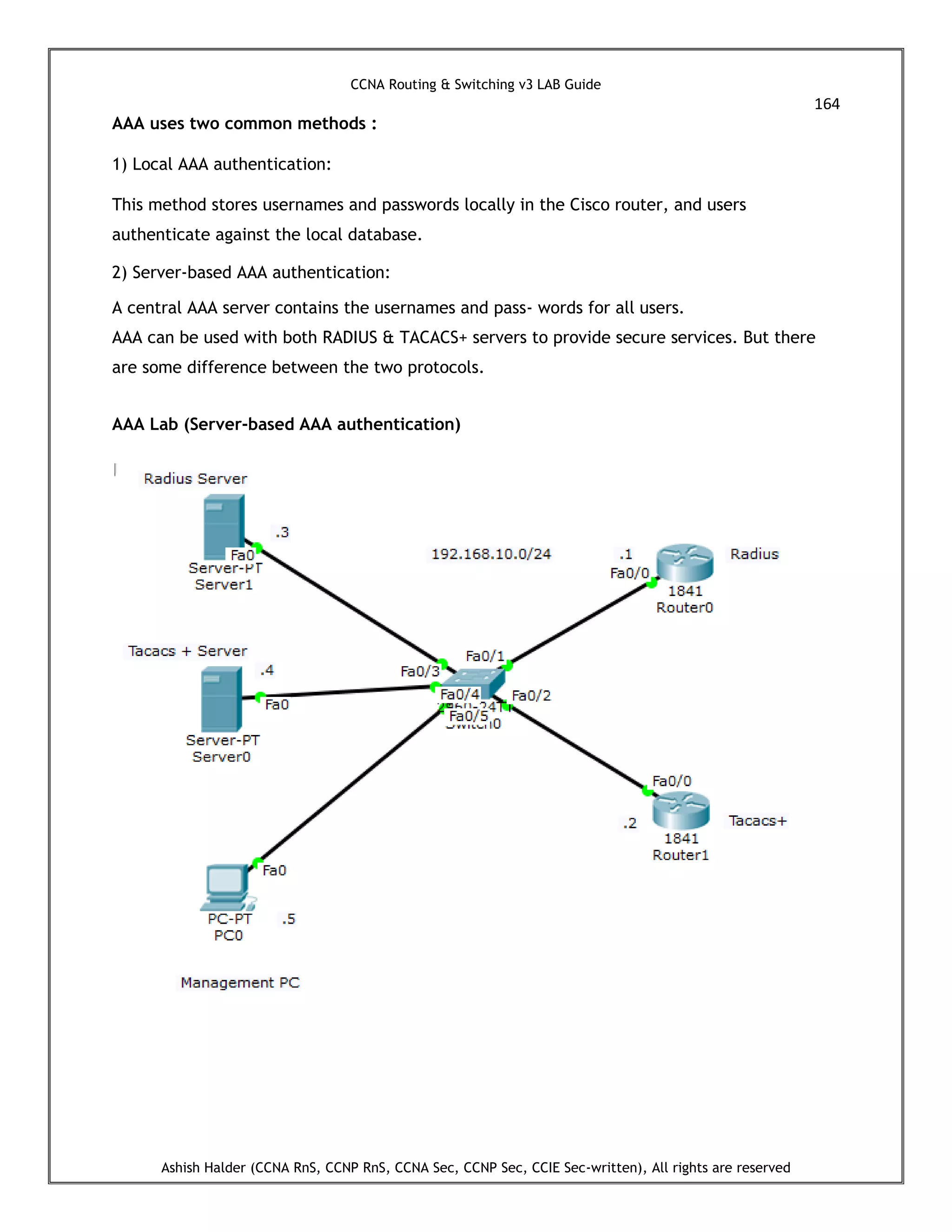 CCNA Routing & Switching v3 LAB Guide
164
Ashish Halder (CCNA RnS, CCNP RnS, CCNA Sec, CCNP Sec, CCIE Sec-written), All rights are reserved
AAA uses two common methods :
1) Local AAA authentication:
This method stores usernames and passwords locally in the Cisco router, and users
authenticate against the local database.
2) Server-based AAA authentication:
A central AAA server contains the usernames and pass- words for all users.
AAA can be used with both RADIUS & TACACS+ servers to provide secure services. But there
are some difference between the two protocols.
AAA Lab (Server-based AAA authentication)
 