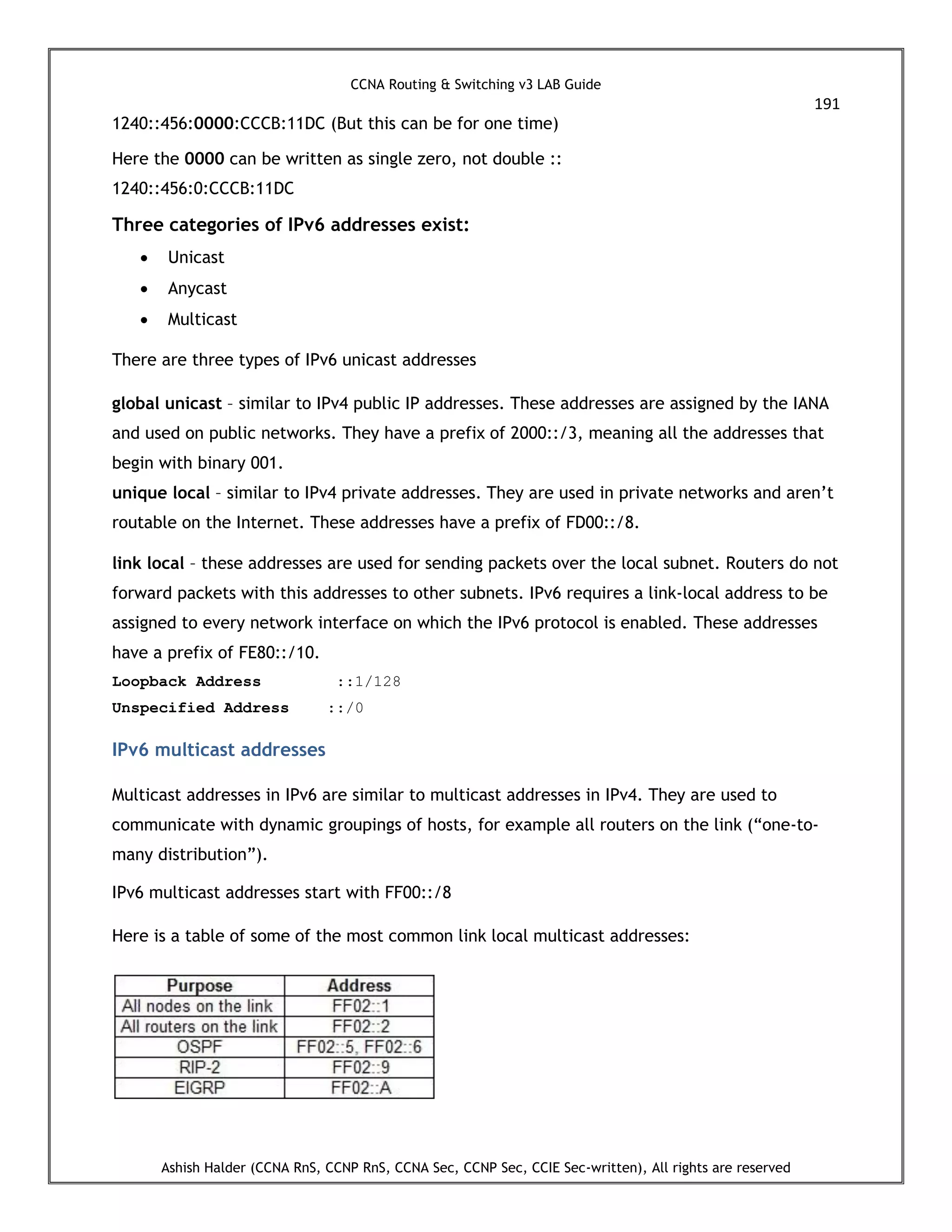 CCNA Routing & Switching v3 LAB Guide
191
Ashish Halder (CCNA RnS, CCNP RnS, CCNA Sec, CCNP Sec, CCIE Sec-written), All rights are reserved
1240::456:0000:CCCB:11DC (But this can be for one time)
Here the 0000 can be written as single zero, not double ::
1240::456:0:CCCB:11DC
Three categories of IPv6 addresses exist:
 Unicast
 Anycast
 Multicast
There are three types of IPv6 unicast addresses
global unicast – similar to IPv4 public IP addresses. These addresses are assigned by the IANA
and used on public networks. They have a prefix of 2000::/3, meaning all the addresses that
begin with binary 001.
unique local – similar to IPv4 private addresses. They are used in private networks and aren’t
routable on the Internet. These addresses have a prefix of FD00::/8.
link local – these addresses are used for sending packets over the local subnet. Routers do not
forward packets with this addresses to other subnets. IPv6 requires a link-local address to be
assigned to every network interface on which the IPv6 protocol is enabled. These addresses
have a prefix of FE80::/10.
Loopback Address ::1/128
Unspecified Address ::/0
IPv6 multicast addresses
Multicast addresses in IPv6 are similar to multicast addresses in IPv4. They are used to
communicate with dynamic groupings of hosts, for example all routers on the link (“one-to-
many distribution”).
IPv6 multicast addresses start with FF00::/8
Here is a table of some of the most common link local multicast addresses:
 