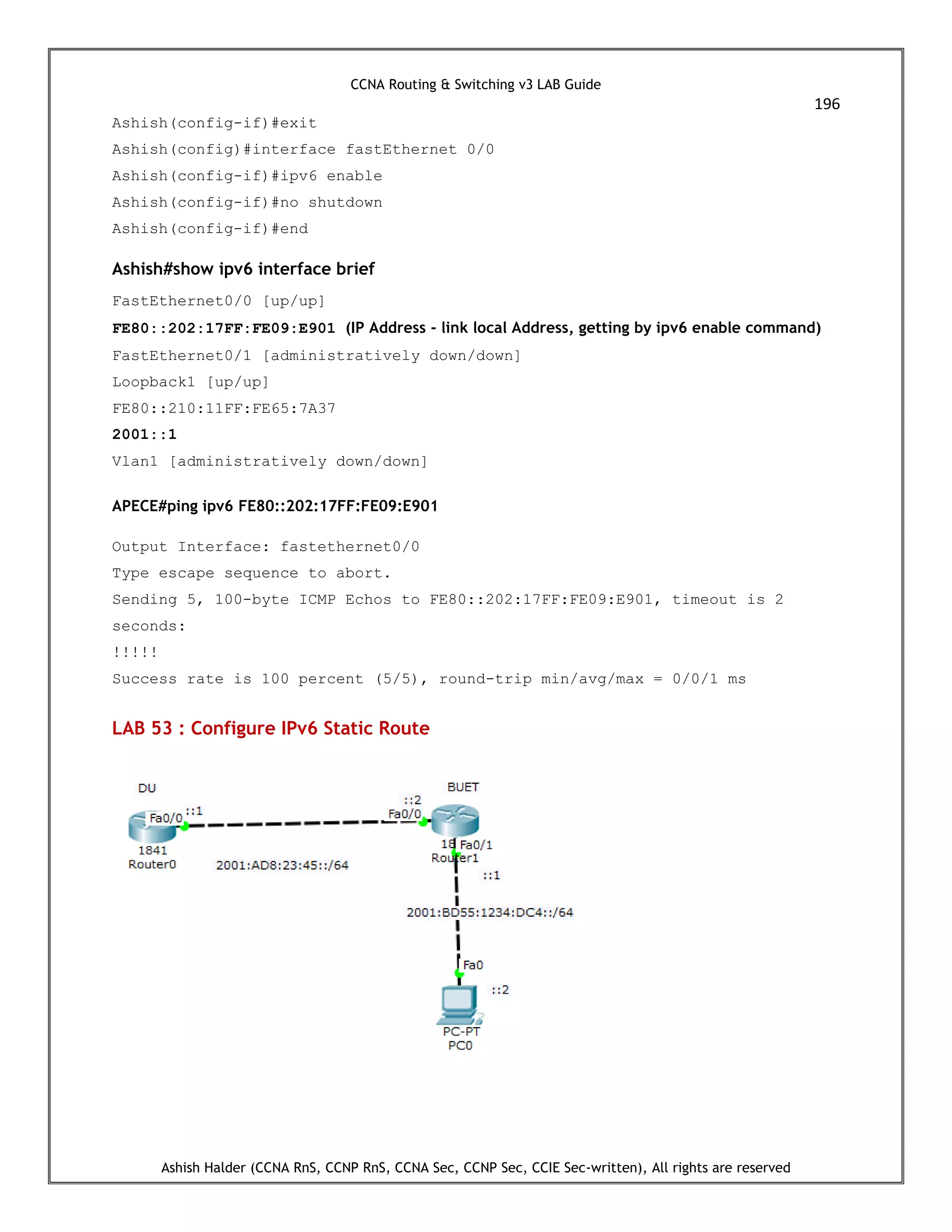 CCNA Routing & Switching v3 LAB Guide
196
Ashish Halder (CCNA RnS, CCNP RnS, CCNA Sec, CCNP Sec, CCIE Sec-written), All rights are reserved
Ashish(config-if)#exit
Ashish(config)#interface fastEthernet 0/0
Ashish(config-if)#ipv6 enable
Ashish(config-if)#no shutdown
Ashish(config-if)#end
Ashish#show ipv6 interface brief
FastEthernet0/0 [up/up]
FE80::202:17FF:FE09:E901 (IP Address - link local Address, getting by ipv6 enable command)
FastEthernet0/1 [administratively down/down]
Loopback1 [up/up]
FE80::210:11FF:FE65:7A37
2001::1
Vlan1 [administratively down/down]
APECE#ping ipv6 FE80::202:17FF:FE09:E901
Output Interface: fastethernet0/0
Type escape sequence to abort.
Sending 5, 100-byte ICMP Echos to FE80::202:17FF:FE09:E901, timeout is 2
seconds:
!!!!!
Success rate is 100 percent (5/5), round-trip min/avg/max = 0/0/1 ms
LAB 53 : Configure IPv6 Static Route
 