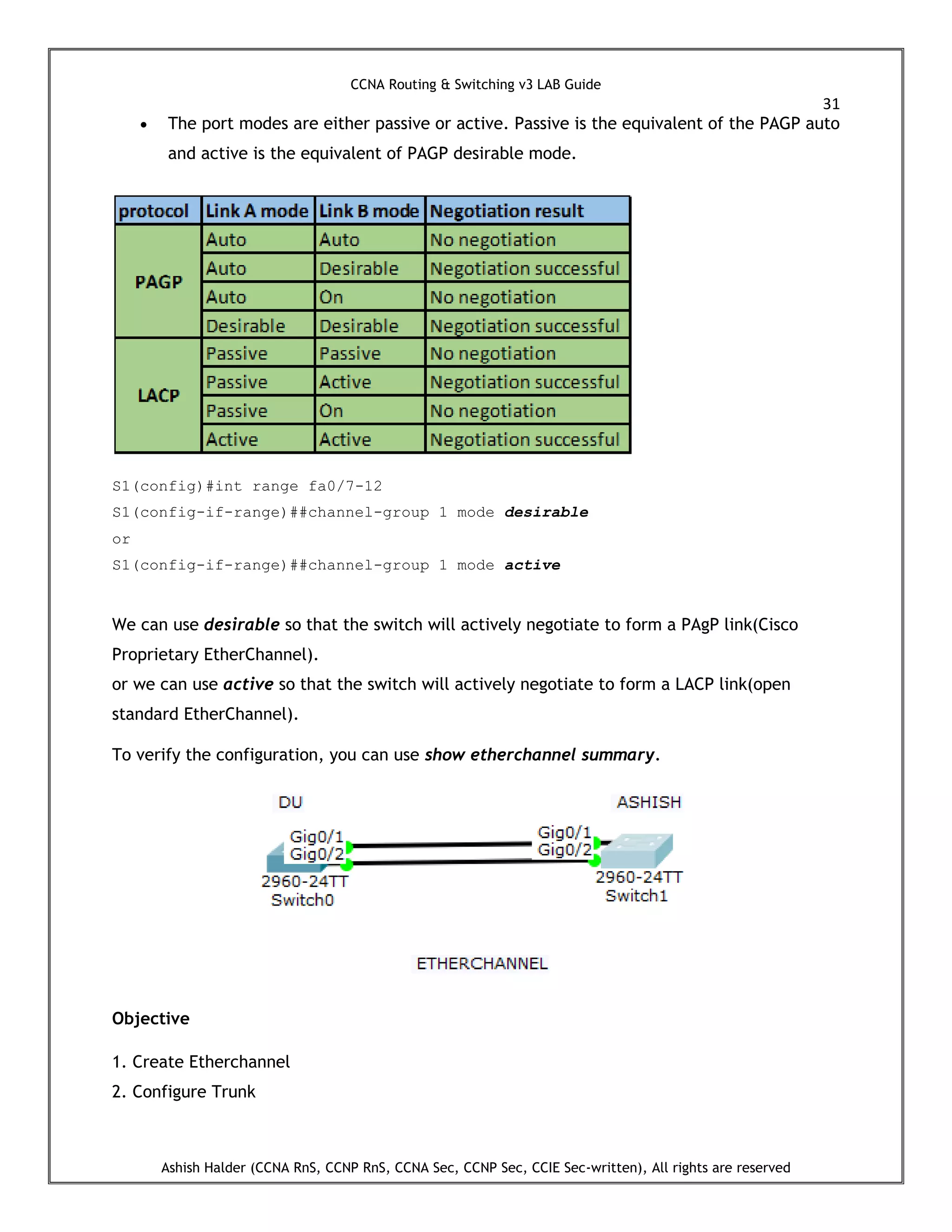 CCNA Routing & Switching v3 LAB Guide
31
Ashish Halder (CCNA RnS, CCNP RnS, CCNA Sec, CCNP Sec, CCIE Sec-written), All rights are reserved
 The port modes are either passive or active. Passive is the equivalent of the PAGP auto
and active is the equivalent of PAGP desirable mode.
S1(config)#int range fa0/7-12
S1(config-if-range)##channel-group 1 mode desirable
or
S1(config-if-range)##channel-group 1 mode active
We can use desirable so that the switch will actively negotiate to form a PAgP link(Cisco
Proprietary EtherChannel).
or we can use active so that the switch will actively negotiate to form a LACP link(open
standard EtherChannel).
To verify the configuration, you can use show etherchannel summary.
Objective
1. Create Etherchannel
2. Configure Trunk
 