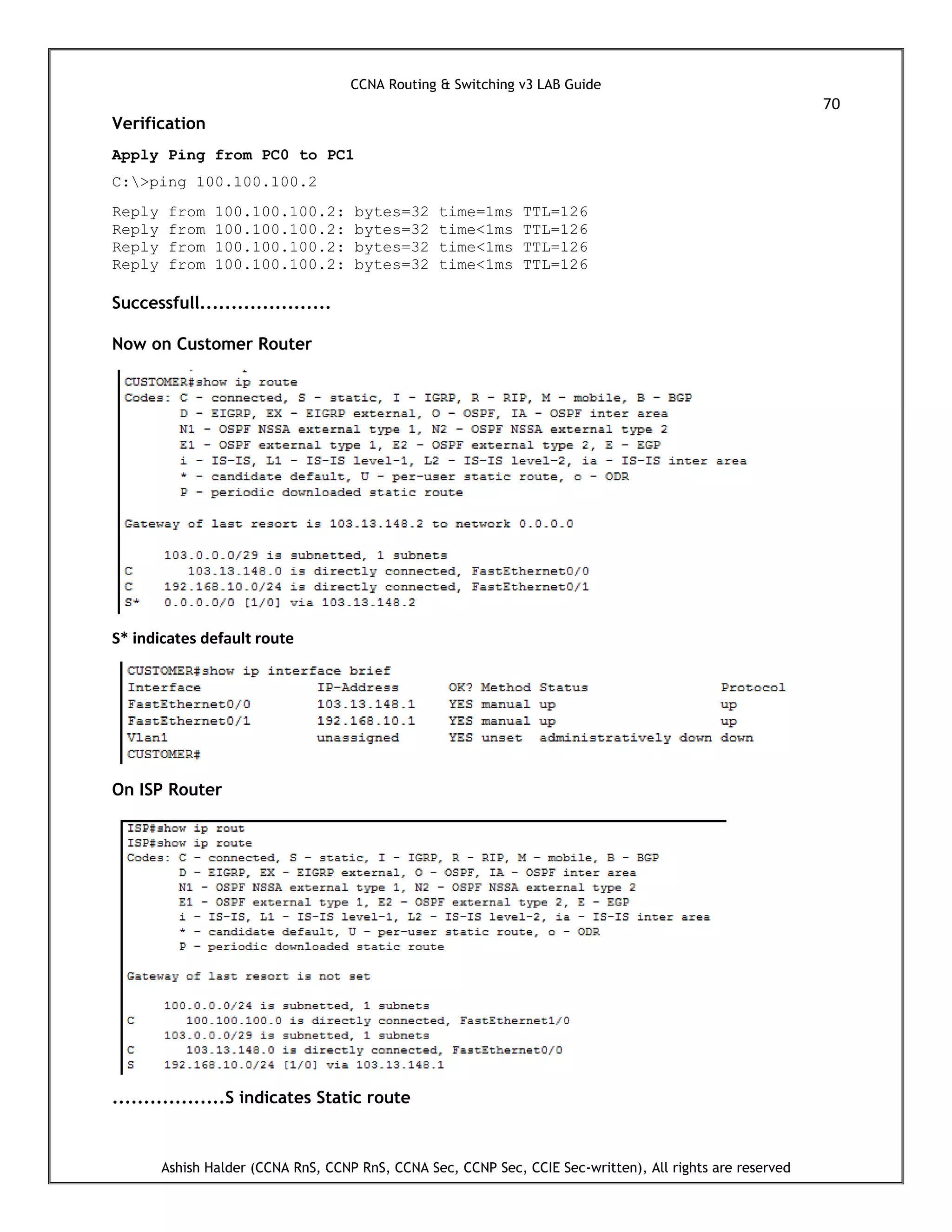 CCNA Routing & Switching v3 LAB Guide
70
Ashish Halder (CCNA RnS, CCNP RnS, CCNA Sec, CCNP Sec, CCIE Sec-written), All rights are reserved
Verification
Apply Ping from PC0 to PC1
C:>ping 100.100.100.2
Reply from 100.100.100.2: bytes=32 time=1ms TTL=126
Reply from 100.100.100.2: bytes=32 time<1ms TTL=126
Reply from 100.100.100.2: bytes=32 time<1ms TTL=126
Reply from 100.100.100.2: bytes=32 time<1ms TTL=126
Successfull.....................
Now on Customer Router
S* indicates default route
On ISP Router
..................S indicates Static route
 
