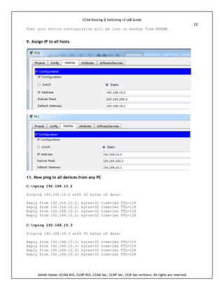 CCNA Routing & Switching v3 LAB Guide
12
Ashish Halder (CCNA RnS, CCNP RnS, CCNA Sec, CCNP Sec, CCIE Sec-written), All rights are reserved
Then your entire configuration will be lost or backup from NVRAM.
9. Assign IP to all hosts
11. Now ping to all devices from any PC
C:>ping 192.168.10.2
Pinging 192.168.10.2 with 32 bytes of data:
Reply from 192.168.10.2: bytes=32 time=1ms TTL=128
Reply from 192.168.10.2: bytes=32 time<1ms TTL=128
Reply from 192.168.10.2: bytes=32 time<1ms TTL=128
Reply from 192.168.10.2: bytes=32 time<1ms TTL=128
C:>ping 192.168.10.3
Pinging 192.168.10.3 with 32 bytes of data:
Reply from 192.168.10.3: bytes=32 time=1ms TTL=128
Reply from 192.168.10.3: bytes=32 time<1ms TTL=128
Reply from 192.168.10.3: bytes=32 time<1ms TTL=128
Reply from 192.168.10.3: bytes=32 time<1ms TTL=128
 