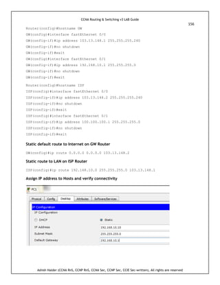 CCNA Routing & Switching v3 LAB Guide
156
Ashish Halder (CCNA RnS, CCNP RnS, CCNA Sec, CCNP Sec, CCIE Sec-written), All rights are reserved
Router(config)#hostname GW
GW(config)#interface fastEthernet 0/0
GW(config-if)#ip address 103.13.148.1 255.255.255.240
GW(config-if)#no shutdown
GW(config-if)#exit
GW(config)#interface fastEthernet 0/1
GW(config-if)#ip address 192.168.10.1 255.255.255.0
GW(config-if)#no shutdown
GW(config-if)#exit
Router(config)#hostname ISP
ISP(config)#interface fastEthernet 0/0
ISP(config-if)#ip address 103.13.148.2 255.255.255.240
ISP(config-if)#no shutdown
ISP(config-if)#exit
ISP(config)#interface fastEthernet 0/1
ISP(config-if)#ip address 100.100.100.1 255.255.255.0
ISP(config-if)#no shutdown
ISP(config-if)#exit
Static default route to Internet on GW Router
GW(config)#ip route 0.0.0.0 0.0.0.0 103.13.148.2
Static route to LAN on ISP Router
ISP(config)#ip route 192.168.10.0 255.255.255.0 103.13.148.1
Assign IP address to Hosts and verify connectivity
 