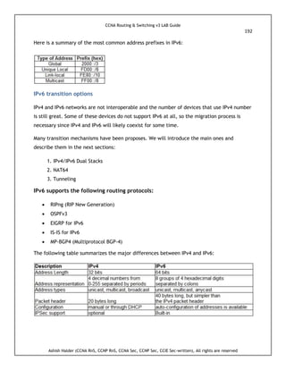 CCNA Routing & Switching v3 LAB Guide
192
Ashish Halder (CCNA RnS, CCNP RnS, CCNA Sec, CCNP Sec, CCIE Sec-written), All rights are reserved
Here is a summary of the most common address prefixes in IPv6:
IPv6 transition options
IPv4 and IPv6 networks are not interoperable and the number of devices that use IPv4 number
is still great. Some of these devices do not support IPv6 at all, so the migration process is
necessary since IPv4 and IPv6 will likely coexist for some time.
Many transition mechanisms have been proposes. We will introduce the main ones and
describe them in the next sections:
1. IPv4/IPv6 Dual Stacks
2. NAT64
3. Tunneling
IPv6 supports the following routing protocols:
 RIPng (RIP New Generation)
 OSPFv3
 EIGRP for IPv6
 IS-IS for IPv6
 MP-BGP4 (Multiprotocol BGP-4)
The following table summarizes the major differences between IPv4 and IPv6:
 