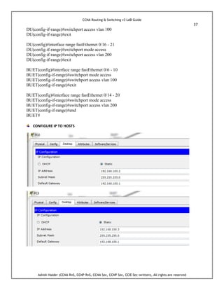 CCNA Routing & Switching v3 LAB Guide
37
Ashish Halder (CCNA RnS, CCNP RnS, CCNA Sec, CCNP Sec, CCIE Sec-written), All rights are reserved
DU(config-if-range)#switchport access vlan 100
DU(config-if-range)#exit
DU(config)#interface range fastEthernet 0/16 - 21
DU(config-if-range)#switchport mode access
DU(config-if-range)#switchport access vlan 200
DU(config-if-range)#exit
BUET(config)#interface range fastEthernet 0/6 - 10
BUET(config-if-range)#switchport mode access
BUET(config-if-range)#switchport access vlan 100
BUET(config-if-range)#exit
BUET(config)#interface range fastEthernet 0/14 - 20
BUET(config-if-range)#switchport mode access
BUET(config-if-range)#switchport access vlan 200
BUET(config-if-range)#end
BUET#
CONFIGURE IP TO HOSTS
 