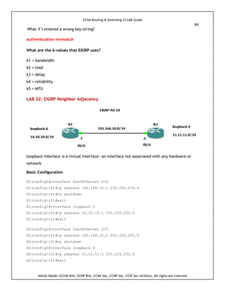 CCNA Routing & Switching v3 LAB Guide
84
Ashish Halder (CCNA RnS, CCNP RnS, CCNA Sec, CCNP Sec, CCIE Sec-written), All rights are reserved
What if I entered a wrong key-string?
authentication mismatch
What are the k-values that EIGRP uses?
k1 = bandwidth
k2 = load
k3 = delay
k4 = reliability
k5 = MTU
LAB 22: EIGRP Neighbor Adjacency
loopback interface is a virtual interface—an interface not associated with any hardware or
network
Basic Configuration
R1(config)#interface fastEthernet 0/0
R1(config-if)#ip address 192.168.10.1 255.255.255.0
R1(config-if)#no shutdown
R1(config-if)#exit
R1(config)#interface loopback 0
R1(config-if)#ip address 10.10.10.1 255.255.255.0
R1(config-if)#exit
R2(config)#interface fastEthernet 0/0
R2(config-if)#ip address 192.168.10.2 255.255.255.0
R2(config-if)#no shutdown
R2(config)#interface loopback 0
R2(config-if)#ip address 11.11.11.1 255.255.255.0
R2(config-if)#exit
 