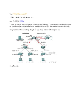 Tags:PVST,STP,Switch,VTP
CCNA Lab 13: Cấu hình Access List
June 19, 2010 in CCNA
Access–list dùng để giám sát lưu lượng vào hoặc ra trên một cổng. Các điều kiện so sánh dựa vào access-
list được định nghĩa trước,có thể đơn giản (standard access list) hay khá phức tạp (extended access list).
Trong loạt bài về Access List này chúng ta sử dụng chung một mô hình mạng như sau.
Bảng địa chỉ ip:
 