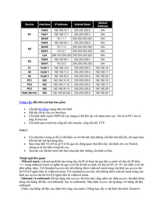 Công việc đầu tiên của bạn bao gồm:
 Lấp đặt hệ thống mạng như mô hình.
 Đặt địa chỉ ip cho các interface.
 Cấu hình định tuyến OSPF để các mạng có thể liên lạc với nhau toàn vẹn. Tức là từ PC1 tôi có
ping đi mọi nơi.
 Cấu hình password cho cổng kết nối console, cổng kết nối VTY.
Lưu ý:
 Các interface trong sơ đồ có thể khác so với bài lab, bạn không cần bận tâm đều đó,chỉ quan tâm
đến bài lab mà bạn đang làm.
 Bạn chưa biết VLAN là gì? Cứ bỏ qua nó, đừng quan tâm đến việc cầu hình cho các Switch,
chúng ta sẽ tìm hiều trong bài sau.
 Xem lại các bàilab trước khi bạn chưa kịp nhớ những cấu hình cơ bản.
Thuật ngữ liên quan:
– Wilcard mask: wilcard mask bit nào trong địa chỉ IP sẽ được bỏ qua khi so sánh với địa chỉ IP khác.
<1> trong wildcard mask có nghĩa bỏ qua vị trí bit đó khi so sánh với địa chỉ IP,và <0> xác định vị trí bit
phải giống nhau. Với Standard access-list,nếu không thêm wildcard mask trong câu lệnh tạo access-list
thì 0.0.0.0 ngầm hiểu là wildcard mask. Với standard access list, nếu không thêm wilcard mark trong câu
lệnh tạo access-list thì 0.0.0.0 ngầm hiểu là wildcard mask.
– Inbound và outbound: Khiáp dụng một access–list trên một cổng, phải xác định access–list phải được
dùng cho luồng dữ liệu vào (inbound) hay ra (outbound). Mặc định access–list áp dụng với luồng dữ liệu
outbound.
– Chiều của luồng dữ liệu xác định trên cổng của router. Chẳng hạn, lấy ví dụ hình bên dưới: RouterA
 