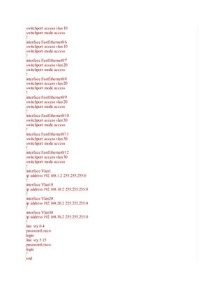 switchport access vlan 10
switchport mode access
!
interface FastEthernet0/6
switchport access vlan 10
switchport mode access
!
interface FastEthernet0/7
switchport access vlan 20
switchport mode access
!
interface FastEthernet0/8
switchport access vlan 20
switchport mode access
!
interface FastEthernet0/9
switchport access vlan 20
switchport mode access
!
interface FastEthernet0/10
switchport access vlan 30
switchport mode access
!
interface FastEthernet0/11
switchport access vlan 30
switchport mode access
!
interface FastEthernet0/12
switchport access vlan 30
switchport mode access
!
interface Vlan1
ip address 192.168.1.2 255.255.255.0
!
interface Vlan10
ip address 192.168.10.2 255.255.255.0
!
interface Vlan20
ip address 192.168.20.2 255.255.255.0
!
interface Vlan30
ip address 192.168.30.2 255.255.255.0
!
line vty 0 4
password cisco
login
line vty 5 15
password cisco
login
!
end
 