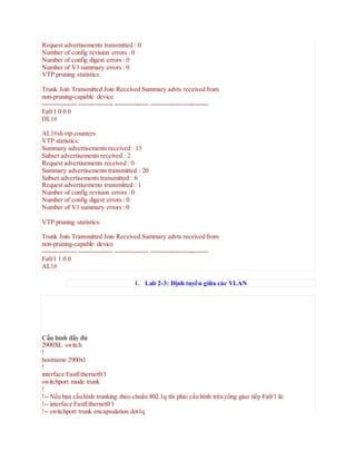 Request advertisements transmitted : 0
Number of config revision errors : 0
Number of config digest errors : 0
Number of V1 summary errors : 0
VTP pruning statistics:
Trunk Join Transmitted Join Received Summary advts received from
non-pruning-capable device
---------------- ---------------- ---------------- ---------------------------
Fa0/1 0 0 0
DL1#
AL1#sh vtp counters
VTP statistics:
Summary advertisements received : 13
Subset advertisements received : 2
Request advertisements received : 0
Summary advertisements transmitted : 20
Subset advertisements transmitted : 6
Request advertisements transmitted : 1
Number of config revision errors : 0
Number of config digest errors : 0
Number of V1 summary errors : 0
VTP pruning statistics:
Trunk Join Transmitted Join Received Summary advts received from
non-pruning-capable device
---------------- ---------------- ---------------- ---------------------------
Fa0/1 1 0 0
AL1#
1. Lab 2-3: Định tuyến giữa các VLAN
Cấu hình đầy đủ
2900XL switch
!
hostname 2900xl
!
interface FastEthernet0/1
switchport mode trunk
!
!-- Nếu bạn cấu hình trunking theo chuẩn 802.1q thì phải cấu hình trên cổng giao tiếp Fa0/1 là:
!-- interface FastEthernet0/1
!-- switchport trunk encapsulation dot1q
 