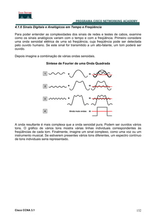 Cisco CCNA 3.1 132
4.1.6 Sinais Digitais e Analógicos em Tempo e Freqüência
Para poder entender as complexidades dos sinais de redes e testes de cabos, examine
como os sinais analógicos variam com o tempo e com a freqüência. Primeiro considere
uma onda senoidal elétrica de uma só freqüência, cuja freqüência pode ser detectada
pelo ouvido humano. Se este sinal for transmitido a um alto-falante, um tom poderá ser
ouvido.
Depois imagine a combinação de várias ondas senoidais.
Síntese de Fourier de uma Onda Quadrada
A onda resultante é mais complexa que a onda senoidal pura. Podem ser ouvidos vários
tons. O gráfico de vários tons mostra várias linhas individuais correspondentes às
freqüências de cada tom. Finalmente, imagine um sinal complexo, como uma voz ou um
instrumento musical. Se estiverem presentes vários tons diferentes, um espectro contínuo
de tons individuais seria representado.
 