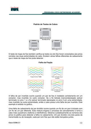 Cisco CCNA 3.1 142
Padrão de Testes de Cabos
O teste de mapa de fios também verifica se todos os oito fios foram conectados aos pinos
corretos nas duas extremidades do cabo. Existem várias falhas diferentes de cabeamento
que o teste de mapa de fios pode detectar.
Falha da Fiação
A falha de par invertido ocorre quando um par de fios é instalado corretamente em um
conector, mas invertido no outro conector. Se o fio listrado branco/alaranjado estiver
terminado no pino 1 e o fio estiver terminado alaranjado no pino 2 em uma extremidade,
mas invertido na outra extremidade, então o cabo possui uma falha de par invertido. Este
exemplo é exibido no gráfico.
Uma falha de cabeamento de par dividido ocorre quando um fio de um par é trocado com
um fio de um par diferente. Esta mistura engana o processo de cancelamento e torna o
cabo mais suscetível a diafonia e interferência. Observe cuidadosamente os números dos
pinos no gráfico para detectar a falha no cabeamento. Um par dividido cria dois pares de
transmissão ou de recepção, cada par com fios que não estão trançados juntos.
 