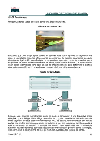 Cisco CCNA 3.1 165
5.1.10 Comutadores
Um comutador às vezes é descrito como uma bridge multiporta.
Switch CISCO Série 2900
Enquanto que uma bridge típica poderá ter apenas duas portas ligando os segmentos da
rede, o comutador pode ter várias portas dependendo de quantos segmentos de rede
deverão ser ligados. Como as bridges, os comutadores aprendem certas informações sobre
os pacotes de dados que são recebidos de vários computadores na rede. Os comutadores
usam essas informações para fazer tabelas de encaminhamento para determinar o destino
dos dados que estão sendo enviados por um computador a outro dentro da rede.
Tabela de Comutação
Embora haja algumas semelhanças entre os dois, o comutador é um dispositivo mais
complexo que a bridge. Uma bridge determina se o quadro deveria ser encaminhado ao
outro segmento de rede baseado no endereço MAC de destino. Um comutador tem muitas
portas com muitos segmentos de redes conectados a ele. Um comutador escolhe a porta à
qual o dispositivo de destino ou estação de trabalho será conectado. Os comutadores
Ethernet estão se tornando soluções populares de conectividade porque, como as bridges,
eles aprimoram o desempenho da rede ao melhorar a velocidade e largura de banda.
 