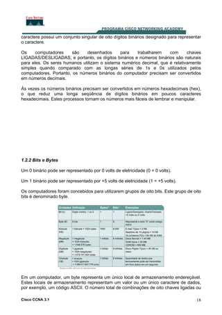 Cisco CCNA 3.1 18
caractere possui um conjunto singular de oito dígitos binários designado para representar
o caractere.
Os computadores são desenhados para trabalharem com chaves
LIGADAS/DESLIGADAS, e portanto, os dígitos binários e números binários são naturais
para eles. Os seres humanos utilizam o sistema numérico decimal, que é relativamente
simples quando comparado com as longas séries de 1s e 0s utilizados pelos
computadores. Portanto, os números binários do computador precisam ser convertidos
em números decimais.
Às vezes os números binários precisam ser convertidos em números hexadecimais (hex),
o que reduz uma longa seqüência de dígitos binários em poucos caracteres
hexadecimais. Estes processos tornam os números mais fáceis de lembrar e manipular.
1.2.2 Bits e Bytes
Um 0 binário pode ser representado por 0 volts de eletricidade (0 = 0 volts).
Um 1 binário pode ser representado por +5 volts de eletricidade (1 = +5 volts).
Os computadores foram concebidos para utilizarem grupos de oito bits. Este grupo de oito
bits é denominado byte.
Em um computador, um byte representa um único local de armazenamento endereçável.
Estes locais de armazenamento representam um valor ou um único caractere de dados,
por exemplo, um código ASCII. O número total de combinações de oito chaves ligadas ou
 